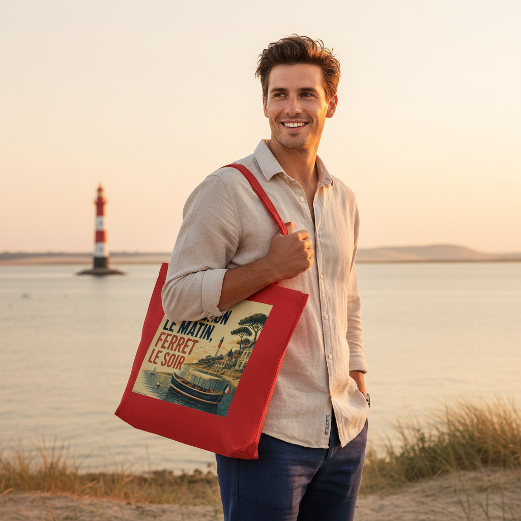 Tote bag rouge avec anses et visuel « Arcachon le matin, ferret le soir »