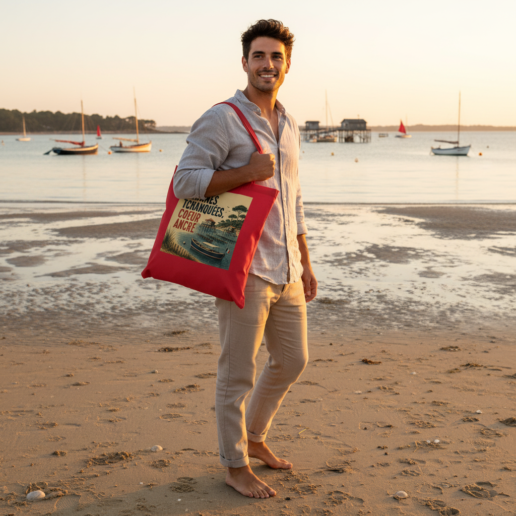 Tote bag rouge porté, motif illustré « Cabanes Tchanquées » au centre