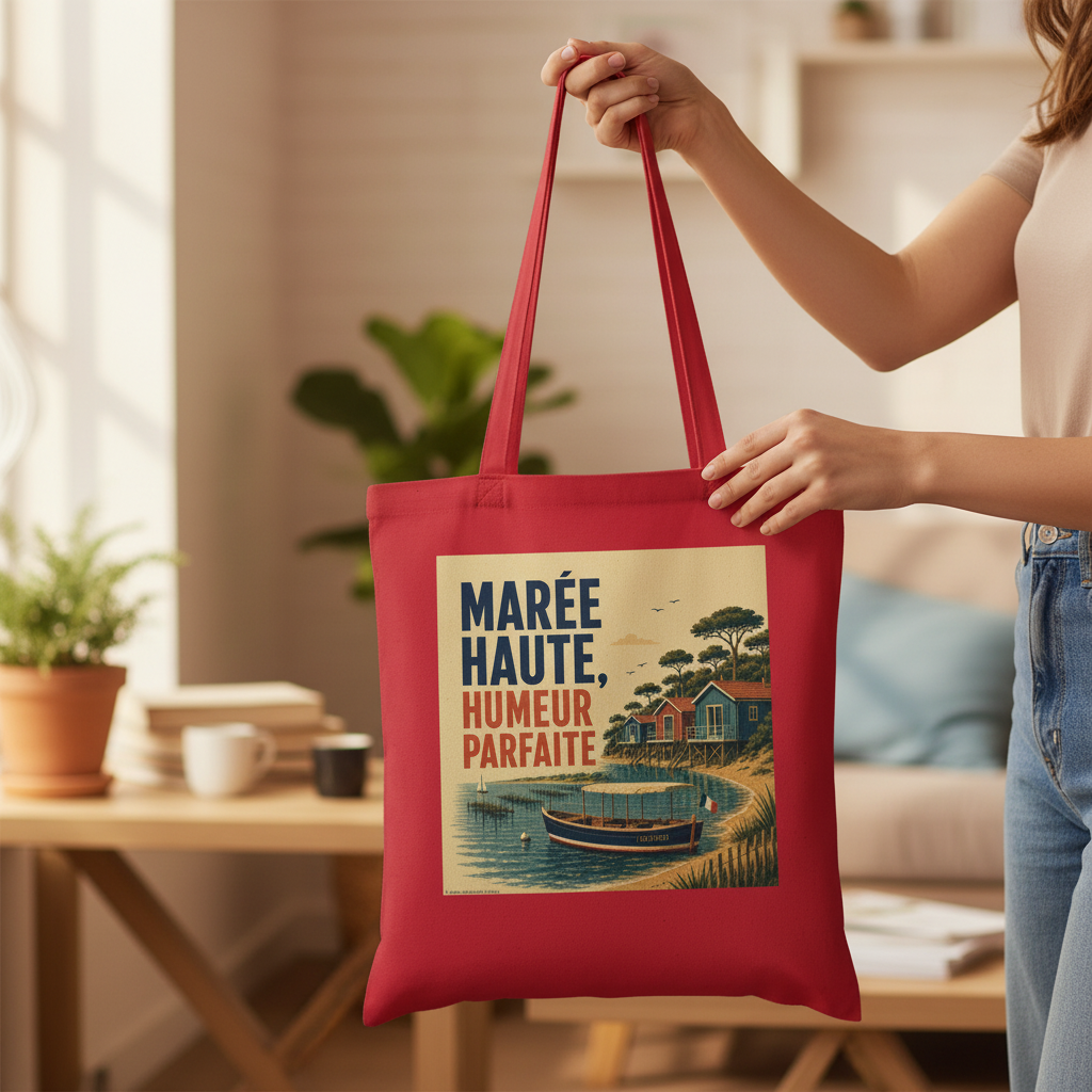 Tote bag en coton rouge, anses, visuel « Marée Haute, Humeur Parfaite »