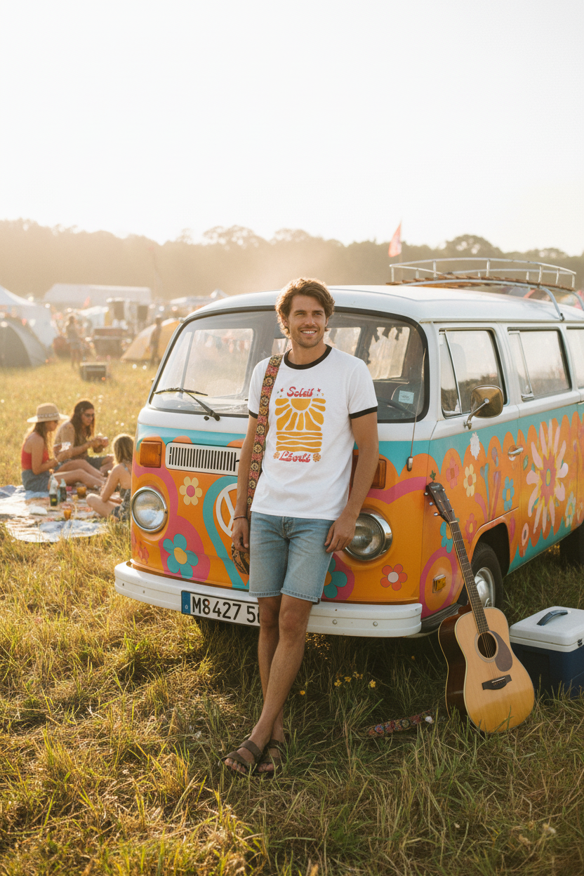 T-shirt blanc à col noir, imprimé soleil rétro jaune-orange avec texte « Liberté ».