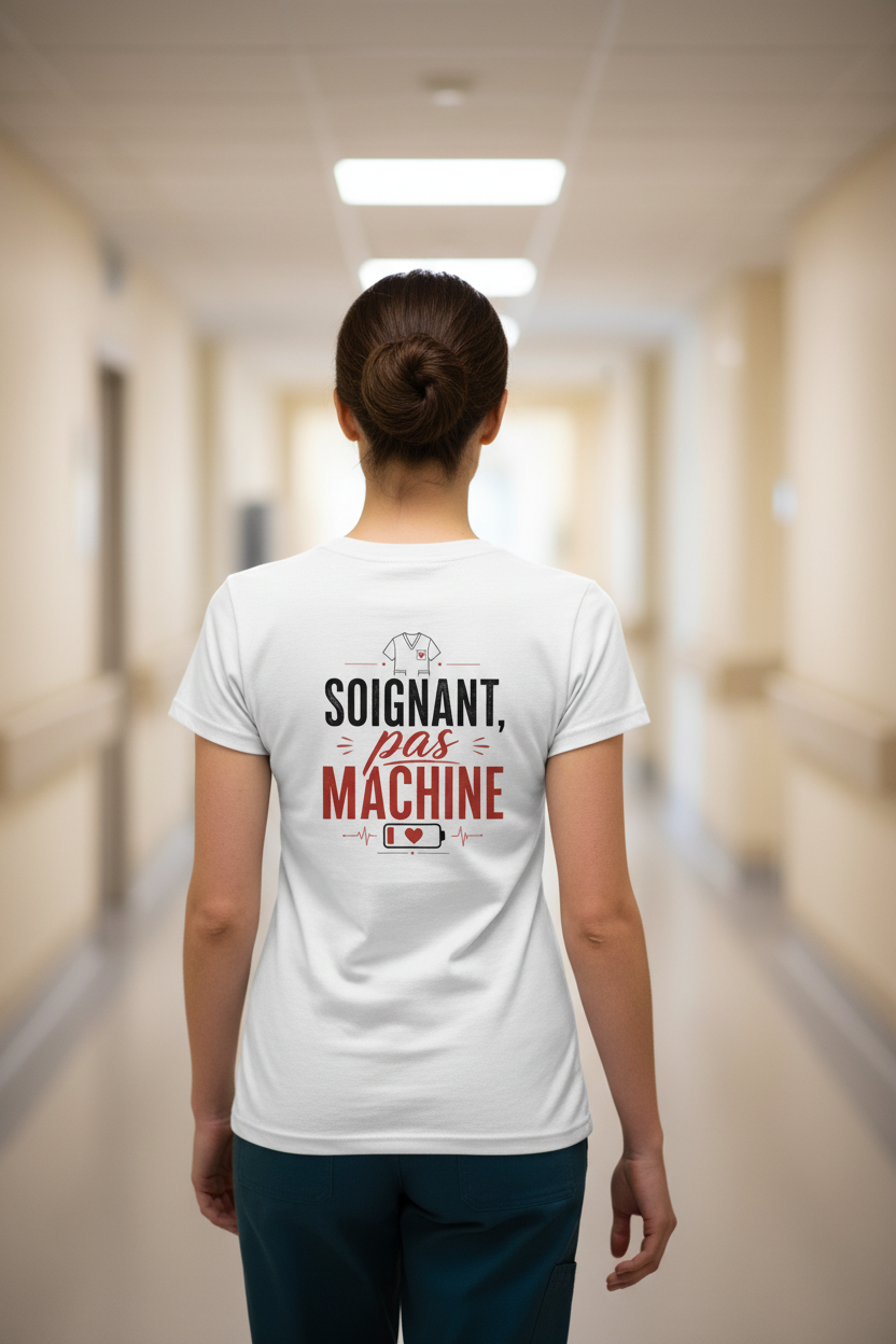 T-shirt blanc vue de dos, imprimé « Soignant pas machine » centré