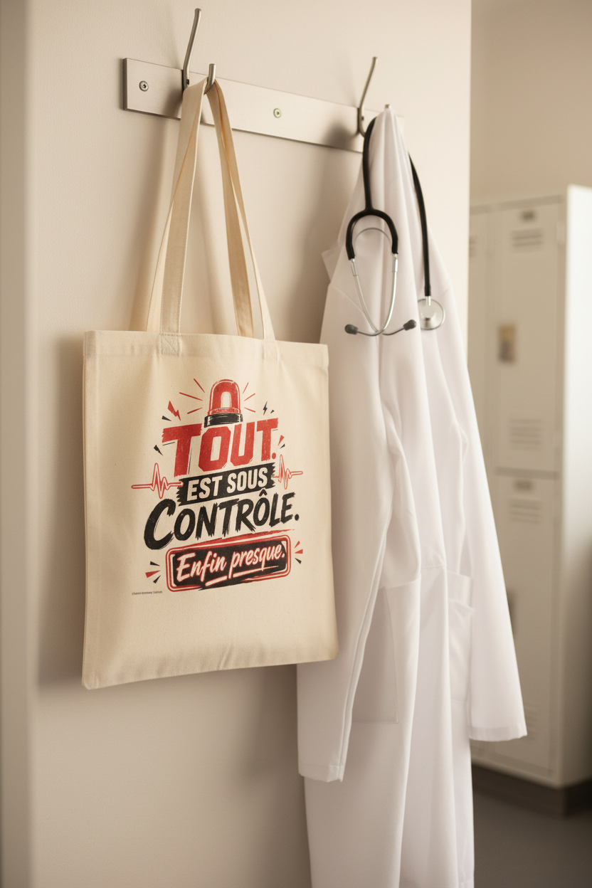 Sac cabas en toile crème avec motif « Tout est sous contrôle » rouge et noir.