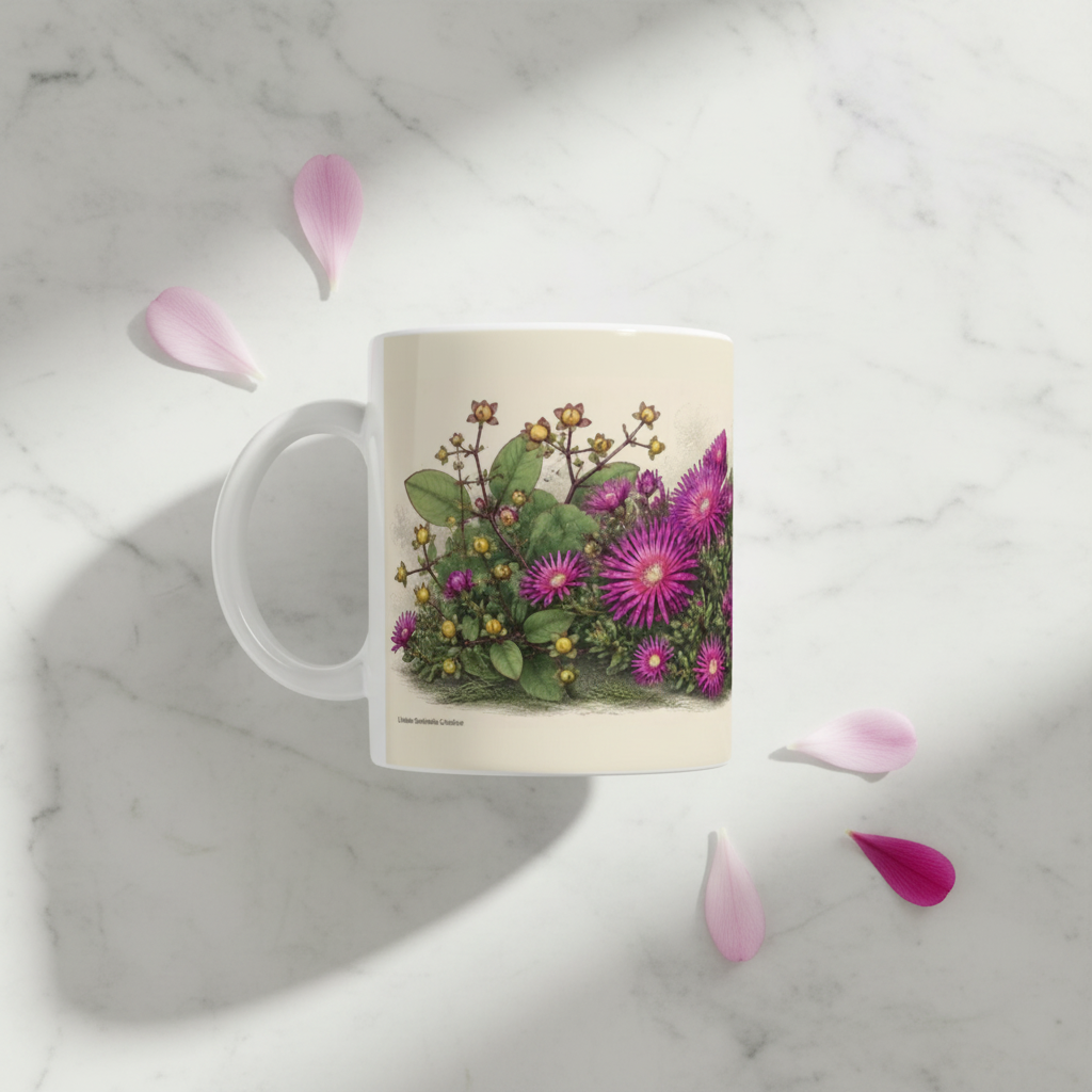 Mug blanc avec motif floral botanique violet et feuillage vert, sur fond marbre