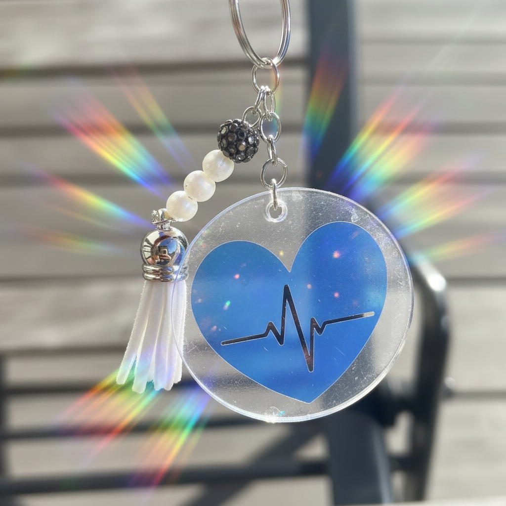Porte-clés cœur irisé bleu avec ECG, breloque perles et pompon blanc.