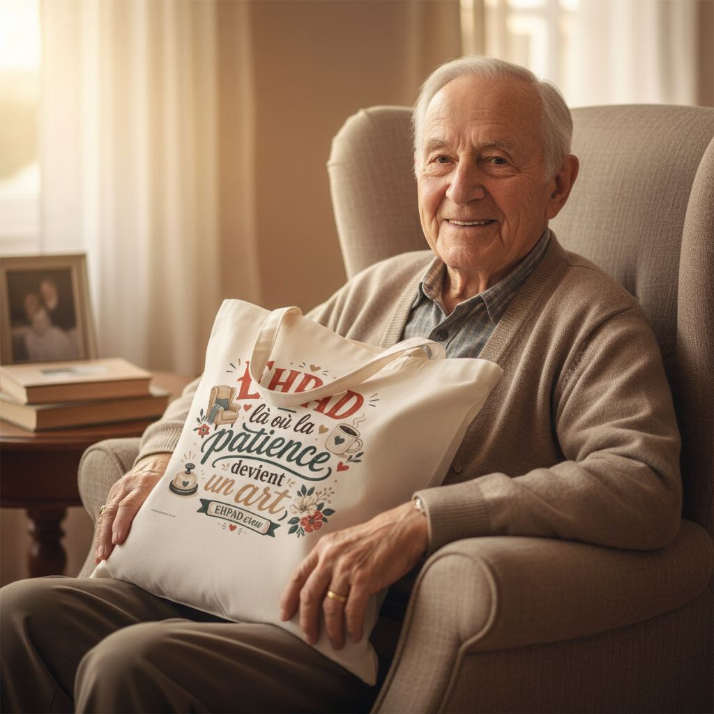 Tote bag blanc en toile avec inscription EHPAD « la patience devient un art »