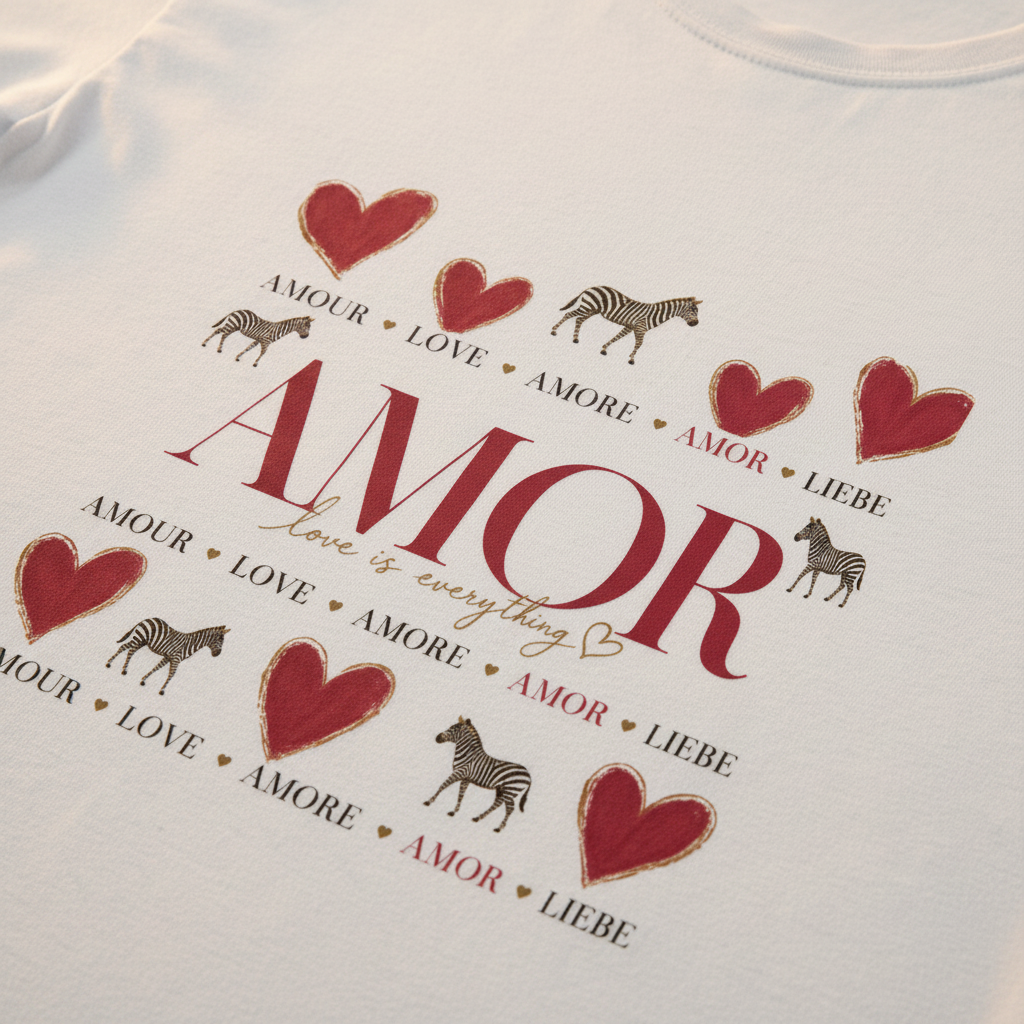T-shirt blanc, gros imprimé « AMOR » et cœurs rouges, motifs zèbres