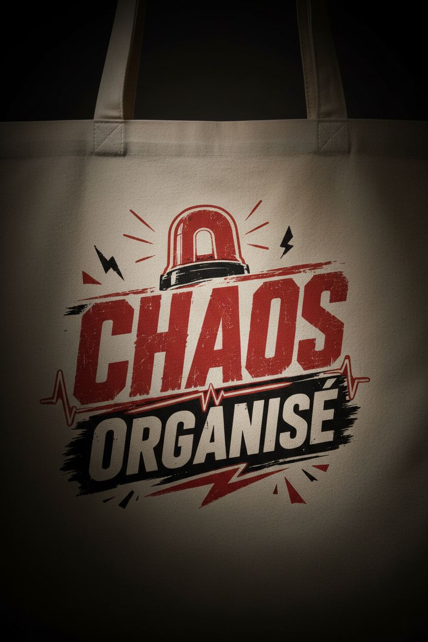 Zoom design Chaos Organisé sur tote bag naturel fond sombre