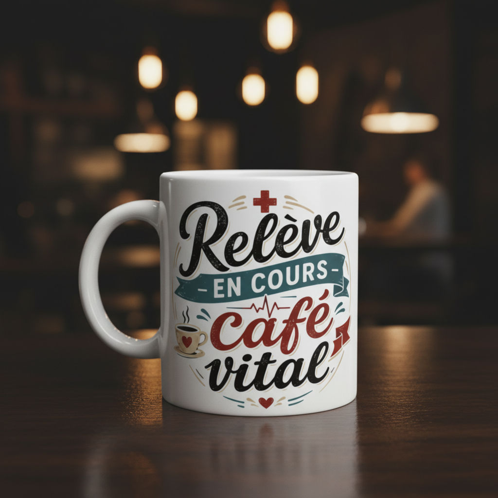 Mug en céramique blanche « Relève en cours café vital » avec anses et motif croix.