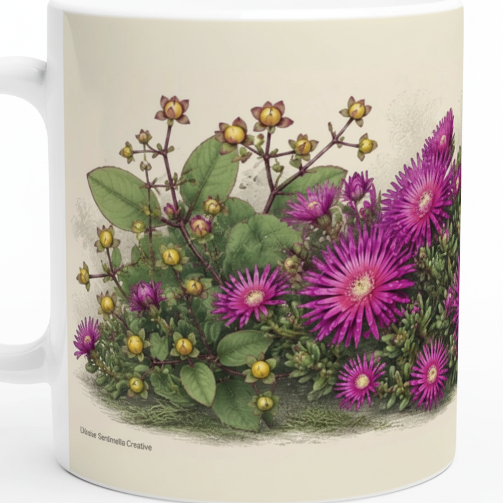Mug blanc vue rapprochée: bouquet botanique violet, feuillage vert, anse visible