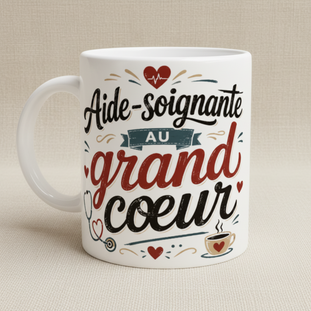 Tasse blanche « Aide-soignante au grand cœur » vue rapprochée, impression colorée