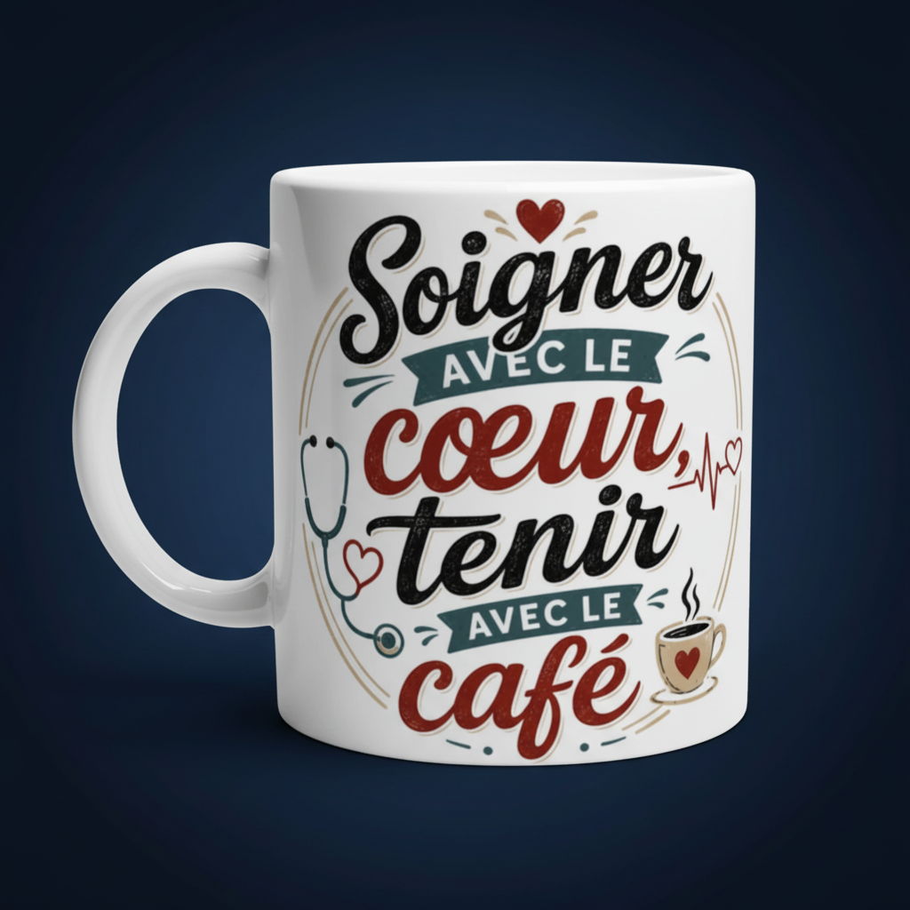Mug blanc en céramique, gros plan sur « Soigner avec le cœur, tenir… café ».