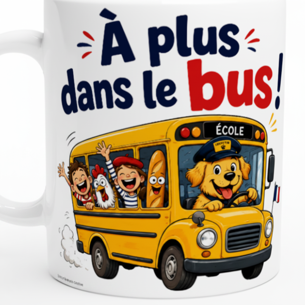 Mug blanc avec visuel « À plus dans le bus ! » et bus jaune « ÉCOLE ».