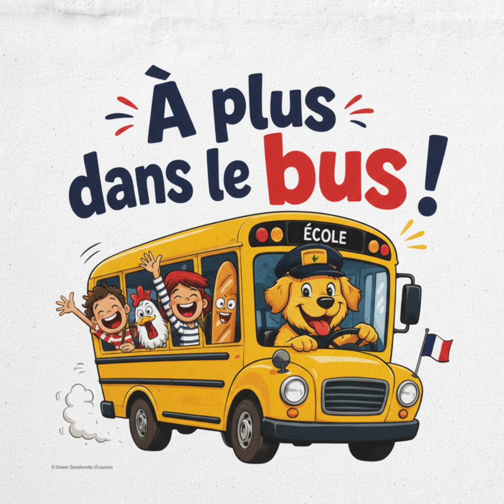 Tote bag blanc, gros plan du motif « À plus dans le bus ! » et bus jaune