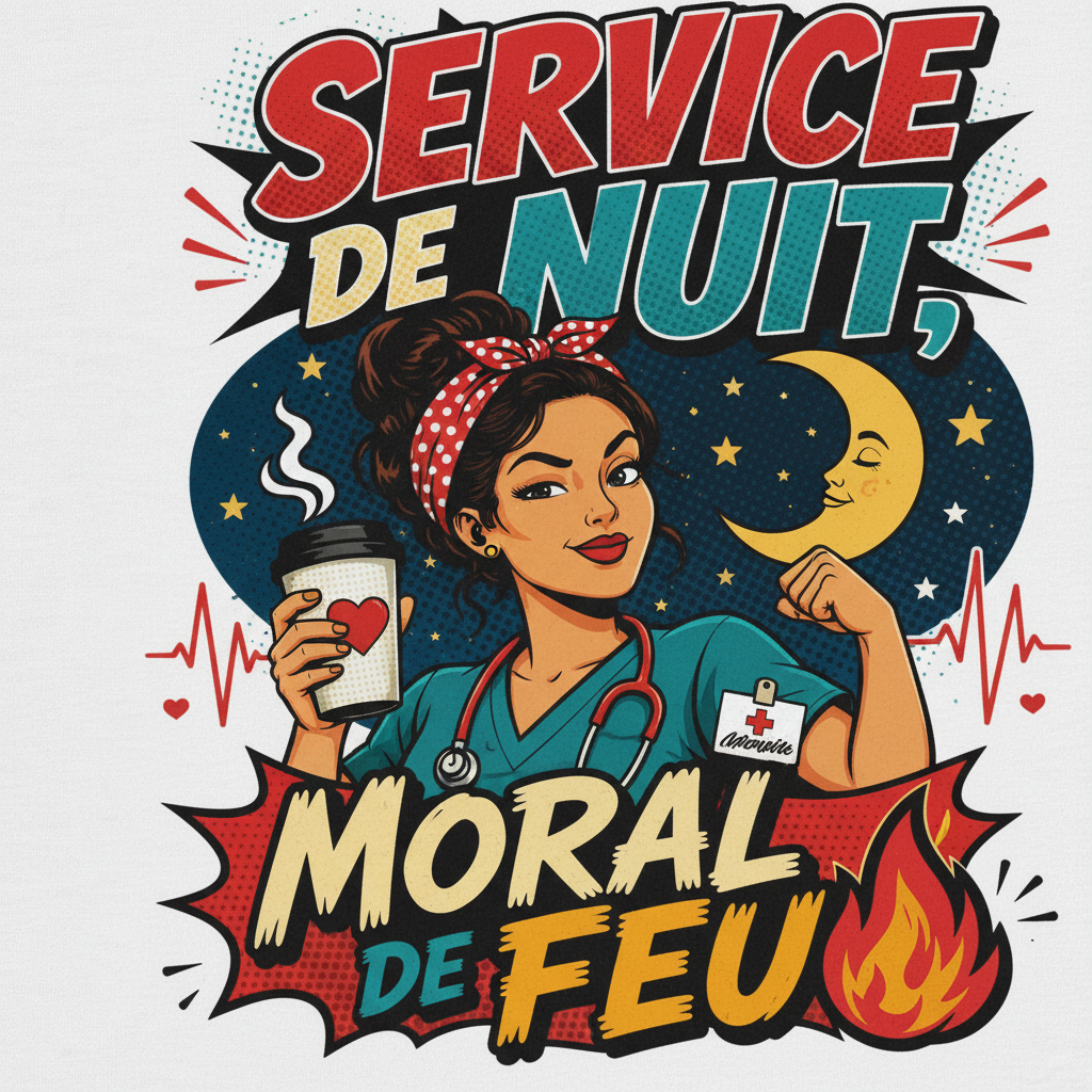 T-shirt blanc imprimé grand « SERVICE DE NUIT » « MORAL DE FEU »