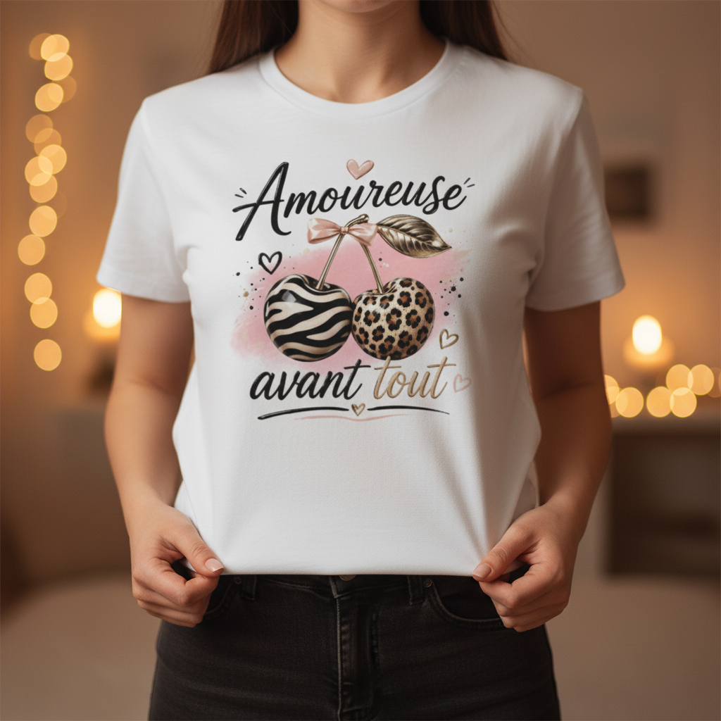 T-shirt femme blanc, encolure ronde, imprimé « Amoureuse avant tout »