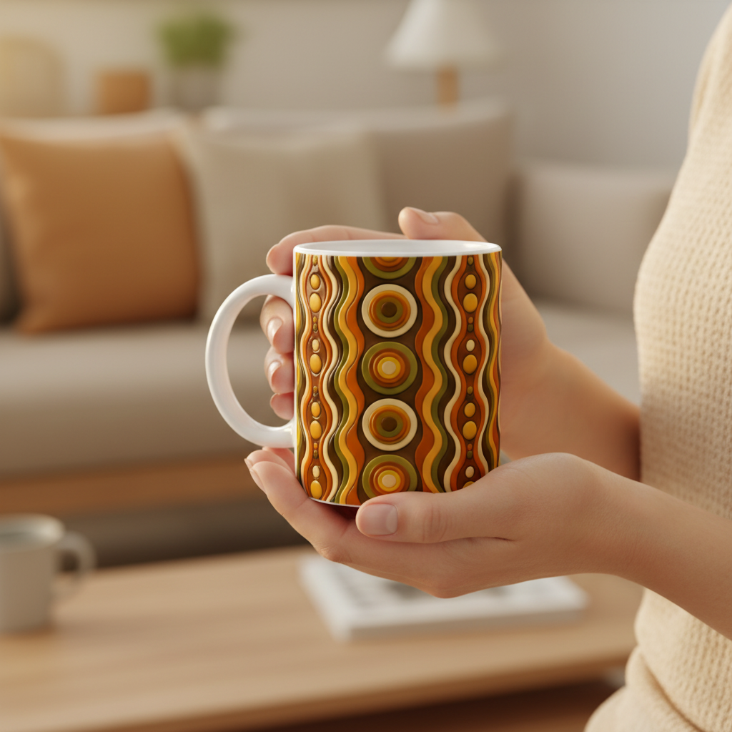 Zoom mains mug groovy 3D cercles lumière dorée